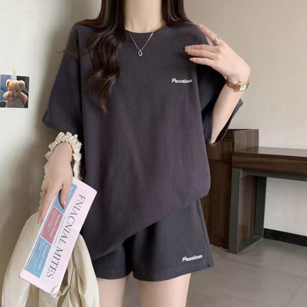 Women's Clothing Women's Summer Tracksuit Set Waffle Style Loose Fit Short Sleeve Casual Two Piece Fashion Shorts_ecoleips.com