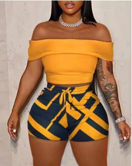 Women's Clothing One Shoulder Shorts Printed Backless Chest Wrap T Shirt Shorts Sleeveless Suit_ecoleips.com