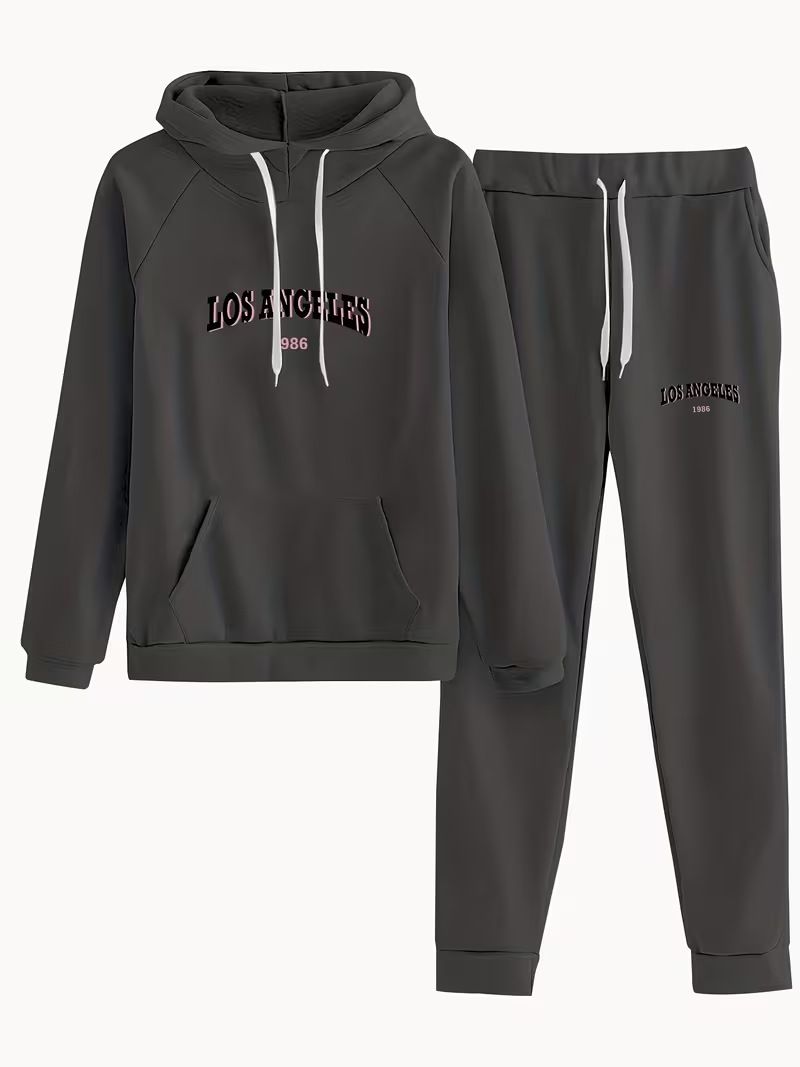 Women's American Style Two Piece Set Letter Print Hooded Autumn Winter Casual Trendy Lazy Sports Long Sleeved Pants_ecoleips.com