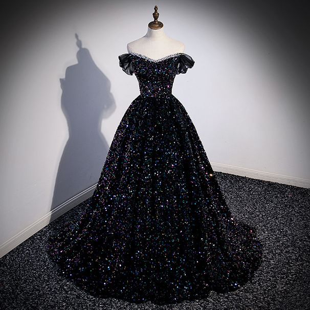 Women's Clothing Glittering Sequins Host Beautiful Voice Performance Clothing Vocal Art Exam Black Wedding Dress_ecoleips.com