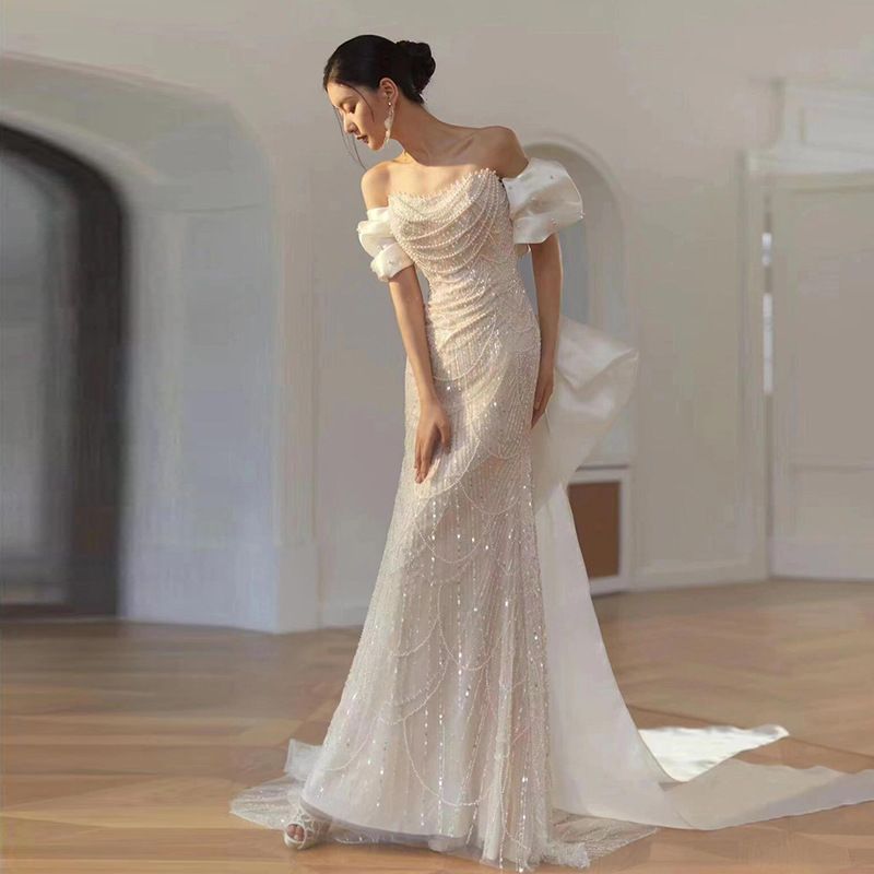 Women's Clothing New One Shoulder Sequin Fishtail Light Wedding Dress Engagement Dress Skirt_ecoleips.com