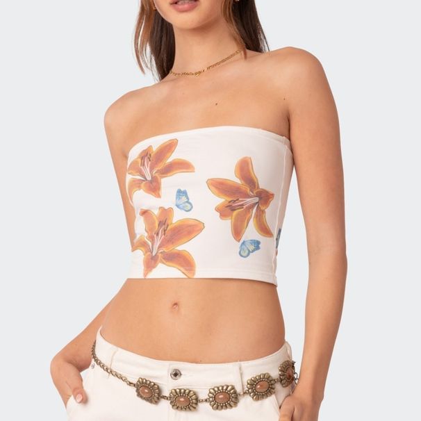 Summer New Women's Sexy Slim Fit Strapless Top American Street Print Hot Girl Fashion European And American Retro Style Patchwork_ecoleips.com