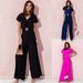 Women's Solid Color V-Neck Casual Jumpsuit Short Sleeve Waist Trousers American Style Polyester_ecoleips.com