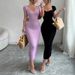 Women's Purple Sweetheart Neck Short Sleeve Stretchy Ribbed Knit Bodycon Midi Dress Summer Beach Vacation Party Long Dress_ecoleips.com