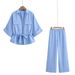 Women's Clothing V Neck Waist Short Sleeved Hunting Shirt Pleated High Waist Trousers_ecoleips.com