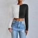 Voya Women's Contrasting Splicing Car Stitching Exposed Short Waffle Long Sleeved T-shirt Autumn/winter Versatile Top_ecoleips.com