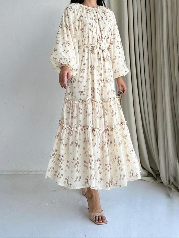 Modest Abaya Dress Bohemian Floral Maxi Dress – Tiered Ruffles & Belted Waist – Long Sleeve Boho Dress_ecoleips.com