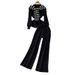 Premium Women's Casual Knit Set Zipper Stand Collar Jacket Hong Kong Style Striped Shawl Wide Leg Pants New Style 2025_ecoleips.com
