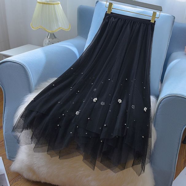 new High-end Fashion Mid-length Fairy Gauze Skirt Women's Beaded Mesh Gauze Skirt_ecoleips.com