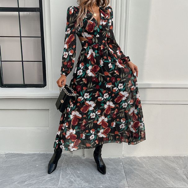 Spring Summer Women Casual Vacation Dress Contrast Color Print V Neck Long Sleeve Midi Dress_ecoleips.com