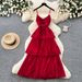 Red Spaghetti Strap Pleated Dress Women's Summer French Resort Style Fitted Waist Ruffled Hem Long Dress_ecoleips.com