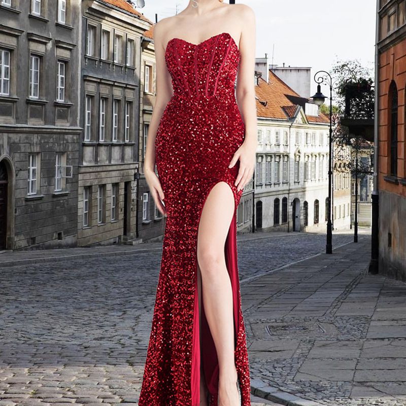 Women's Clothing Sequins Back Tie Corset Style Side Slit Top Herringbone Evening Dress_ecoleips.com