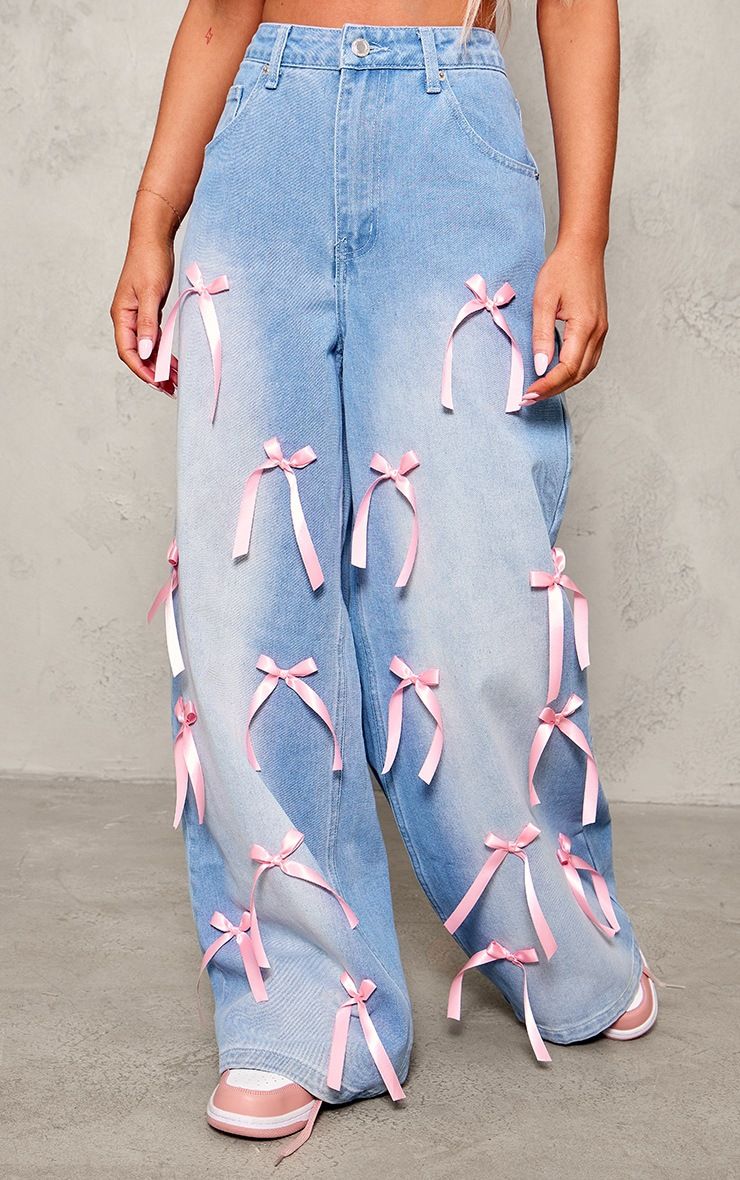 2025 Bow High Waist Wide Leg Jeans Street Distressed Loose Ladies Jeans_ecoleips.com