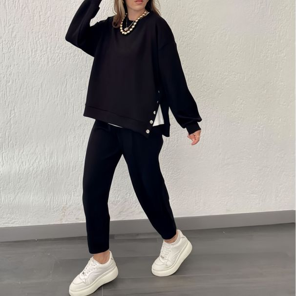 Women's Clothing New Fashion Metal Button Split Long Sleeved Top Sports Casual Skinny Pants Women's Suit_ecoleips.com