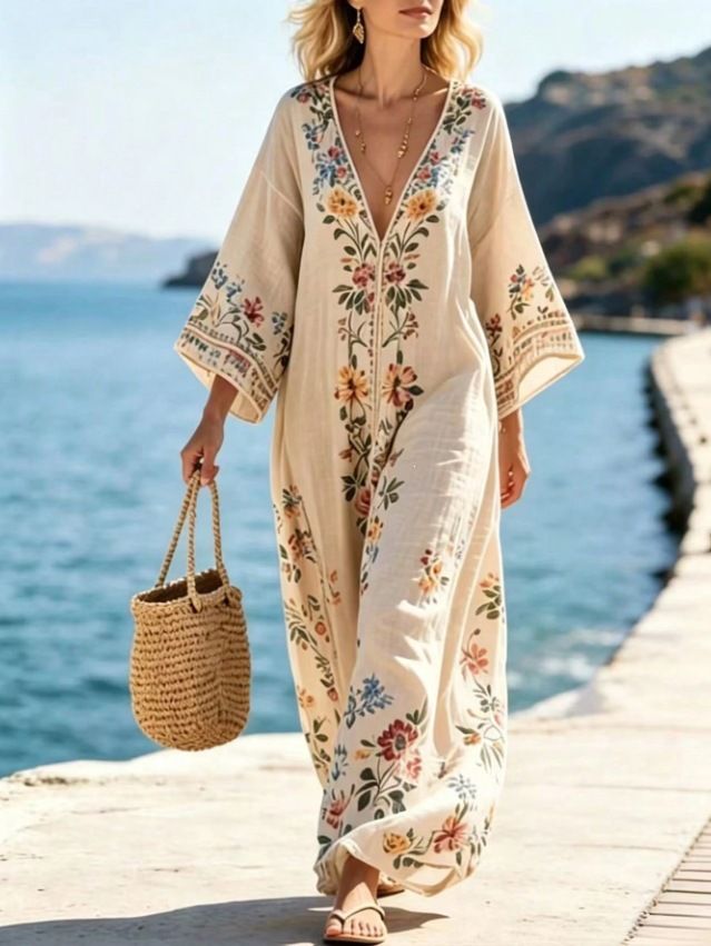 Bohemian Floral Print Deep V-Neck Midi Dress With Three-Quarter Sleeves, Flowy A-Line Summer Maxi Dress For Women, Casual Comfortable Boho Chic Dress_ecoleips.com