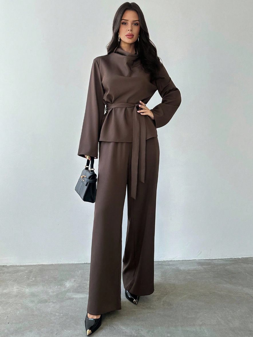 Elegant Women's Fashion Clothing Set Solid Color Top Wide Leg Trousers Autumn Winter Full Length Casual Polyester_ecoleips.com