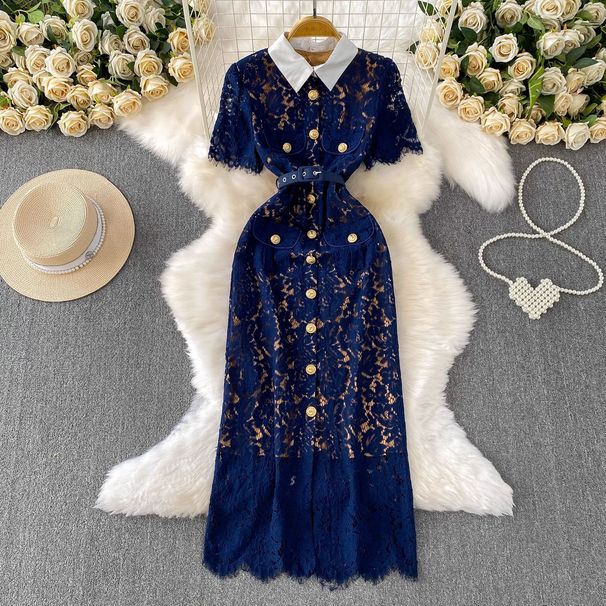 Elegant Lace Trimmed Lapel Dress Sophisticated Metal Buckle Autumn Perfect_ecoleips.com
