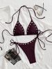Sexy Three Piece Bikini Set Solid Color Backless Halter Neck Swimsuit for Women European American Style Cross Border Swimwear_ecoleips.com