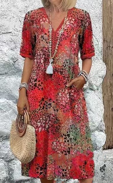 Women's Casual Long Dress V Neck Short Sleeve With Pockets Lace Trim Fashion Vacation Wear_ecoleips.com