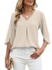 K Fashionable Mid Sleeve Pleated V-neck Loose Fitting Women's Top_ecoleips.com