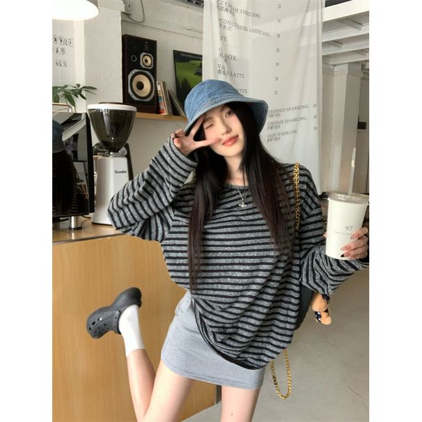 Striped Long Sleeve T-Shirt Autumn Loose Long Outer Wear Inner Base Coat Wholesale_ecoleips.com