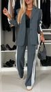 Women's White Tweed Blazer Pants Set, Striped Side Wide Leg Trousers Suit, Casual Two Piece Outfit, Elegant Long Sleeve Lapel Jacket For Daily Wear Of_ecoleips.com