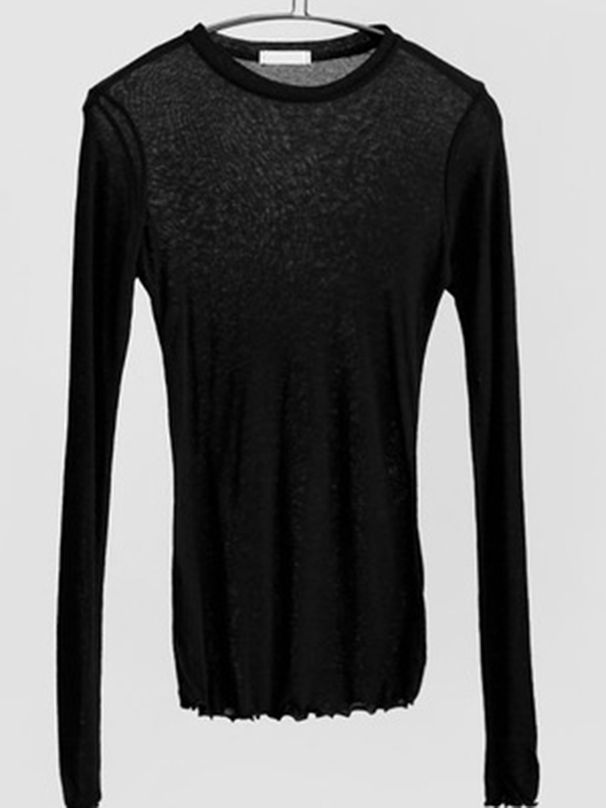 High Quality Plain T Shirt Women Elastic Basic T-shirts Female Casual Tops Long Sleeve Sexy Thin T-shirt See Through_ecoleips.com