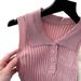 Women's Baby Pink Halter Neck Sleeveless Polo Collar Button Stretchy Ribbed Knit Bodycon Mini Dress Summer Party Short Dress_ecoleips.com