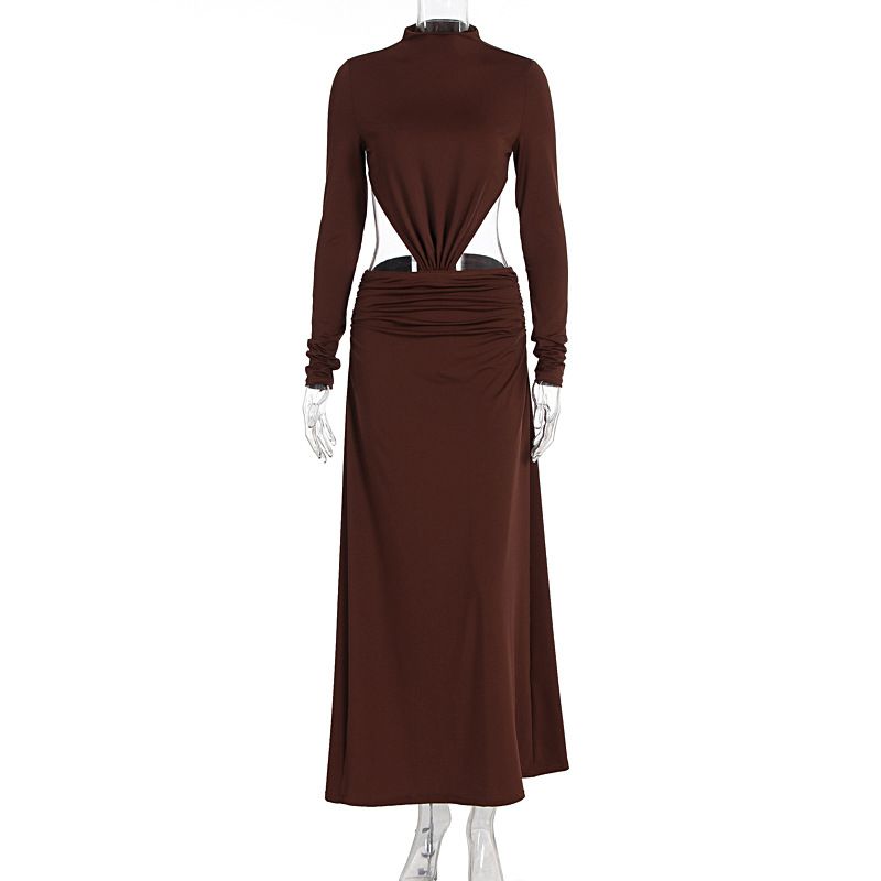 Women New Autumn Hollow Out Bodycon Long Dress Sexy Spice Girl Crew Neck Long Sleeve Elegant Hip Wrap Dress_ecoleips.com