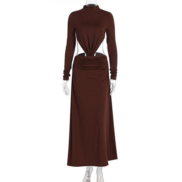Women New Autumn Hollow Out Bodycon Long Dress Sexy Spice Girl Crew Neck Long Sleeve Elegant Hip Wrap Dress_ecoleips.com