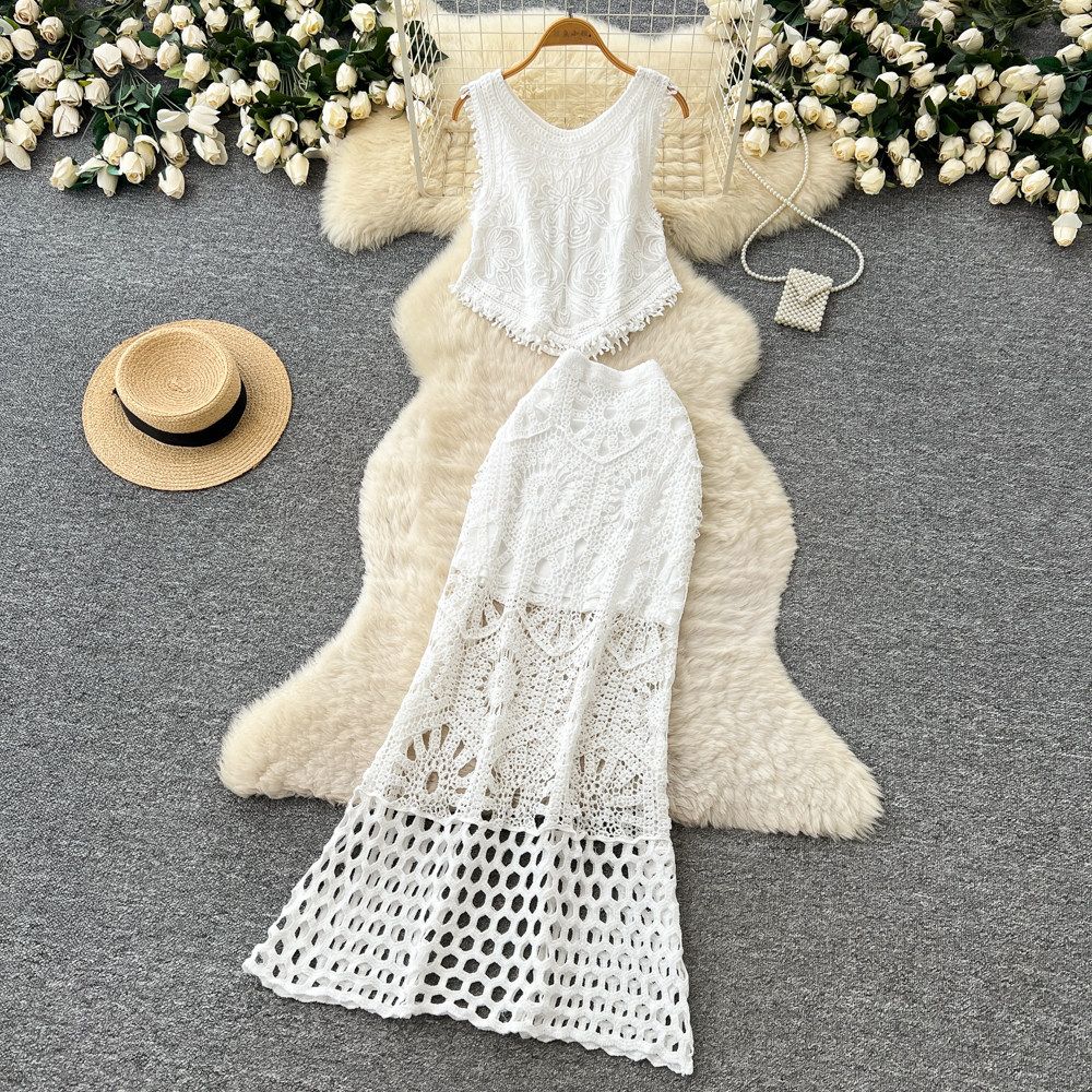 Women's Hollow out Crochet Lace Two Piece Set with Tassel Slimming Elegant Vest And Skirt Summer 2026_ecoleips.com