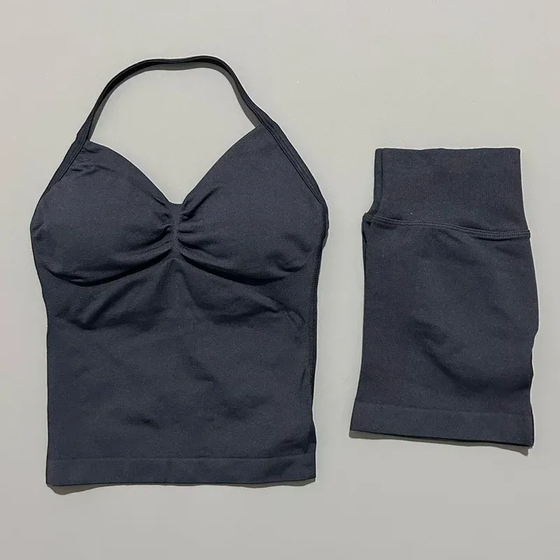 2 Pieces Sports Set Women Backless Halter Tops Fitness Tank Top High Waist Seamless High Stretch Shorts Gym Workout Sets_ecoleips.com