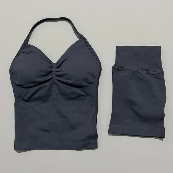 2 Pieces Sports Set Women Backless Halter Tops Fitness Tank Top High Waist Seamless High Stretch Shorts Gym Workout Sets_ecoleips.com