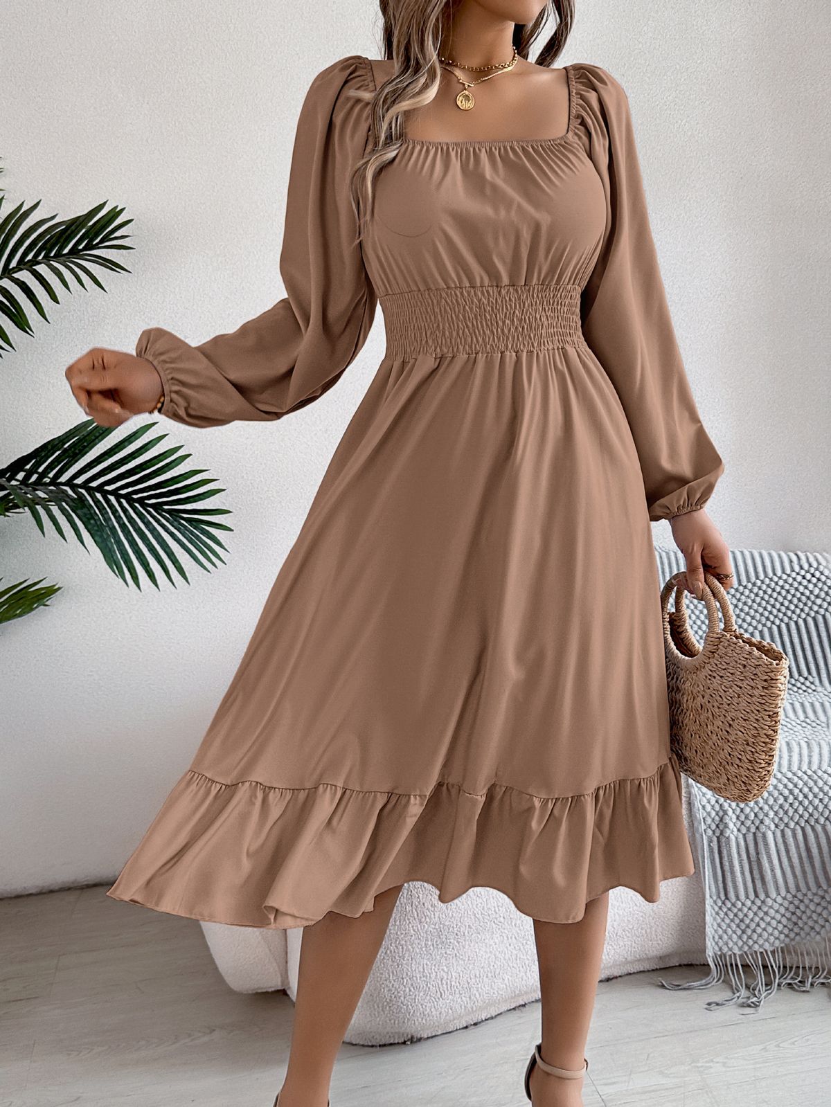 2026 Spring/Summer European And American Casual Solid Color Square Neck Long Sleeve Waist-Cinching Ruffle A-Line Dress_ecoleips.com