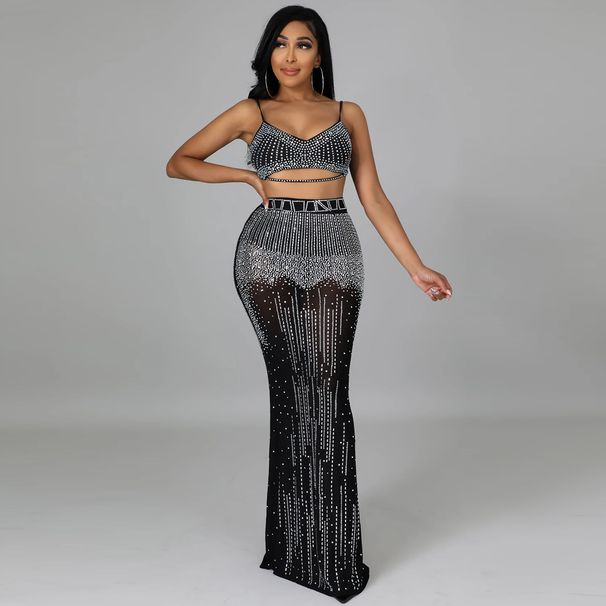 Women's Clothing Nightclub Party Mesh See Through Suspender Vest Long Skirt Two Piece Set_ecoleips.com