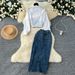 Women's Clothing Two Piece Long Sleeved Shirt Women's Belt Waist Denim Skirt Two Piece Suit_ecoleips.com