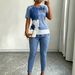 Tie-Dye Denim Print Jogger Set For Women, High-Stretch Knit Lounge Two Piece Outfit, Casual T-Shirt And Pants Co-Ord_ecoleips.com