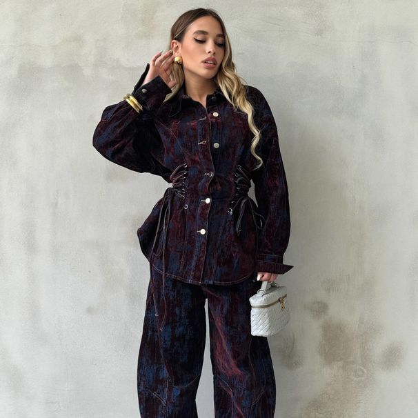 Women's Clothing American Style Autumn Design Suit Color Block Printed Flocking Denim Jacket With Belted Trousers Set Casual Polyester Pant Outfit_ecoleips.com