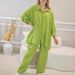 plus Size Two Piece Set European American Style Spring Autumn Loose Long Sleeved Button down Shirt And Wide Leg Pants Solid Color Suit_ecoleips.com