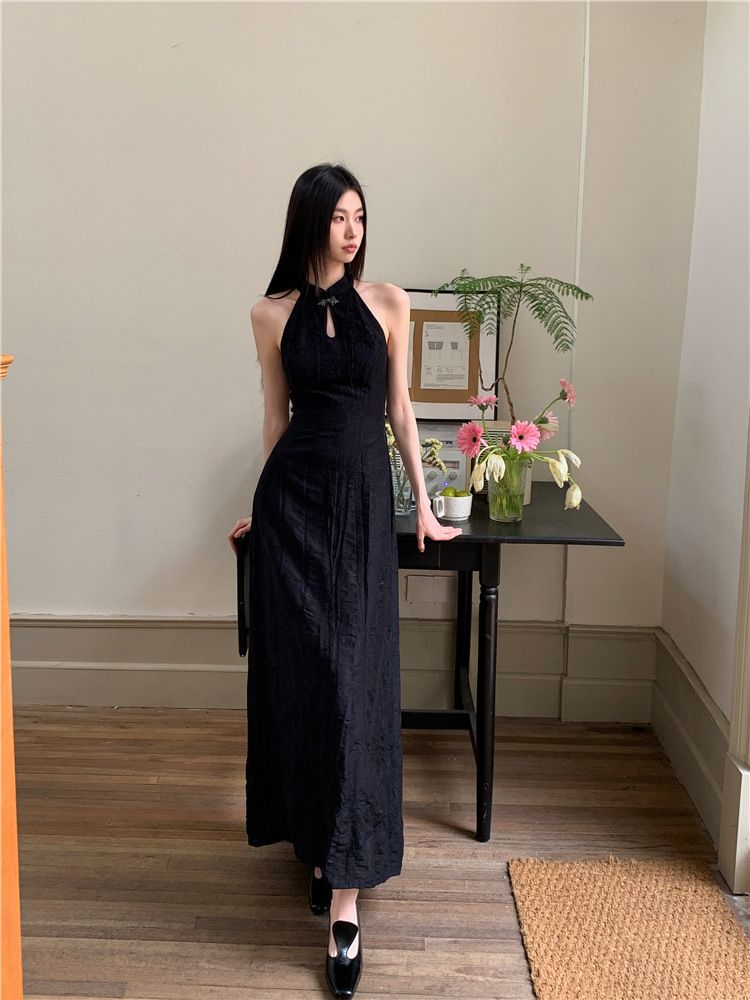 New Chinese-style Elegant Cheongsam Halter Neck, High-end With A Slimming Waist, Classy Long Dress For Women In Summer_ecoleips.com