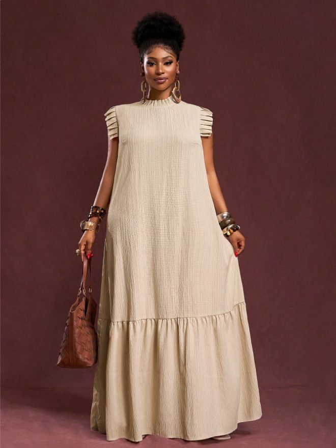 Women's plus Size Loose Fit Dress European American Summer New Style Solid Color Ruffle Sleeve_ecoleips.com