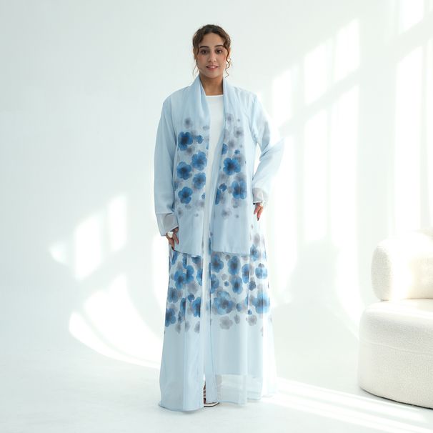 Voya Women's Chiffon Abaya Set - 2 Piece Floral Print Cardigan With Matching Hijab, Lightweight Elegant Modest Wear, Perfect For Summer, Beach & Occasions_ecoleips.com