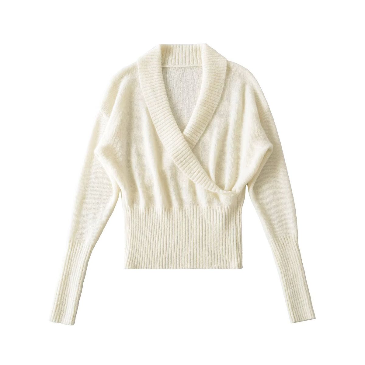 Women's V-Neck Knit Sweater Korean Style Slim Fit Long Sleeve Pullover Soft Ribbed Waist Crossover Design_ecoleips.com