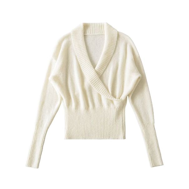 Women's V-Neck Knit Sweater Korean Style Slim Fit Long Sleeve Pullover Soft Ribbed Waist Crossover Design_ecoleips.com