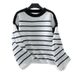 Autumn And Winter Round Neck Loose Black And White Striped Pullover Long Sleeve Off-Shoulder Knitted Sweater For Women_ecoleips.com