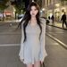 Women's Clothing Spring Style Image V Neck Low Cut Dress Sweet And Spicy Flared Sleeve A Line Mini Skirt Knitted Women's Clothing_ecoleips.com