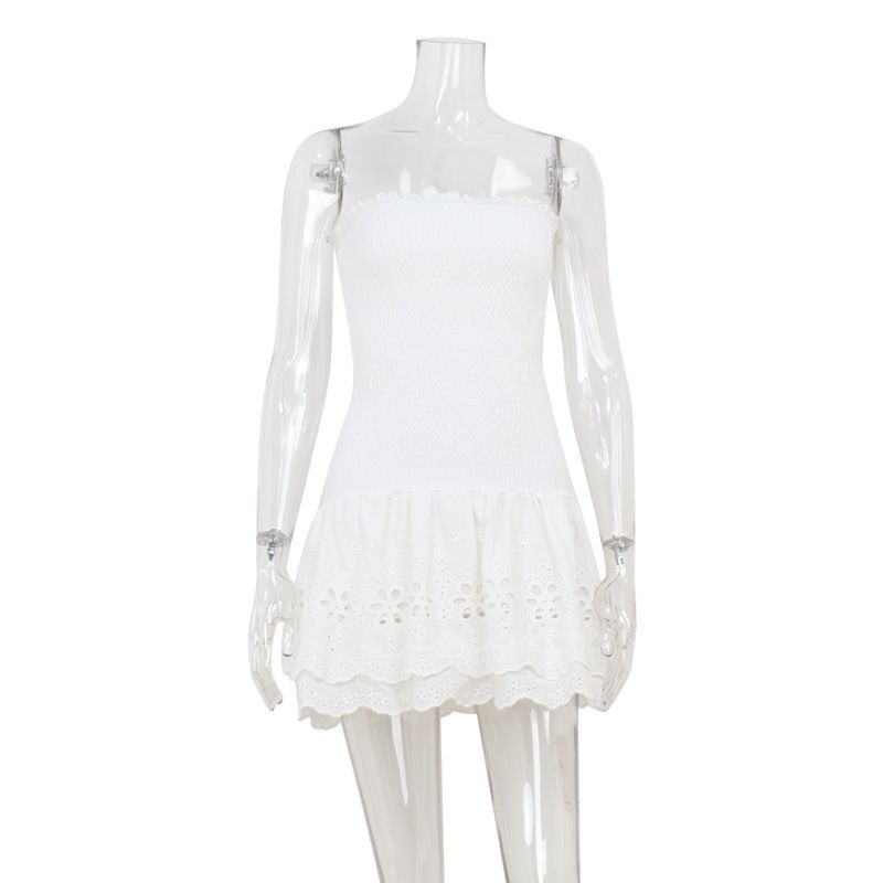 Girly Strapless Dress For Women Cinched Waist Jacquard Fabric Slim Fit Ruffled Hem_ecoleips.com