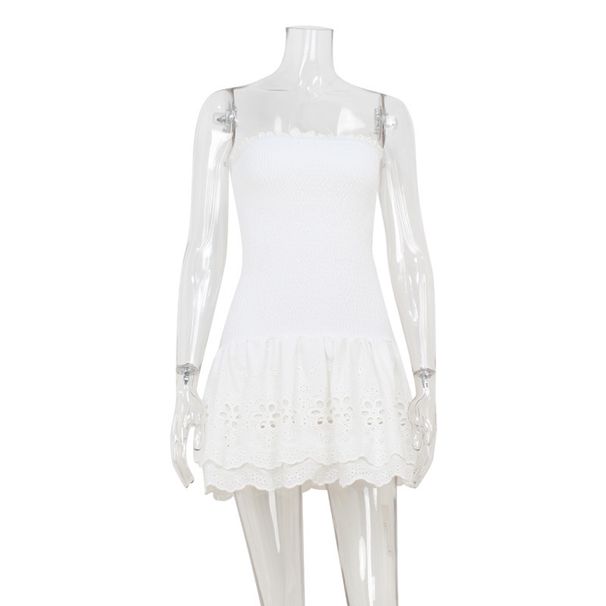 Girly Strapless Dress For Women Cinched Waist Jacquard Fabric Slim Fit Ruffled Hem_ecoleips.com