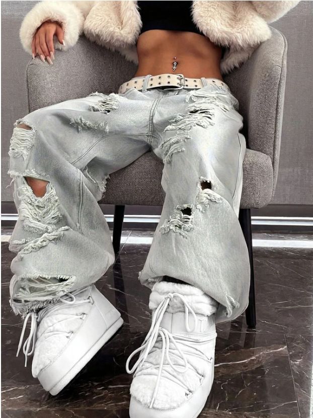 Women's Distressed High-Waisted Straight-Leg Jeans – Grunge-Inspired Patchwork Denim With Raw Hem, Non-Stretch Cotton Blend_ecoleips.com