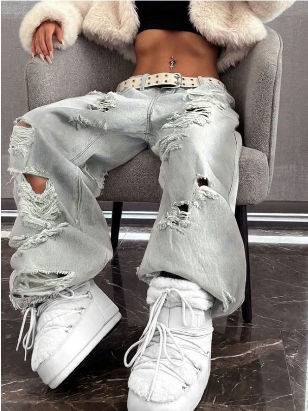 Women's Distressed High-Waisted Straight-Leg Jeans – Grunge-Inspired Patchwork Denim With Raw Hem, Non-Stretch Cotton Blend_ecoleips.com